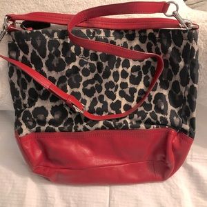 Coach shoulder bag, black leopard print with red leather accents